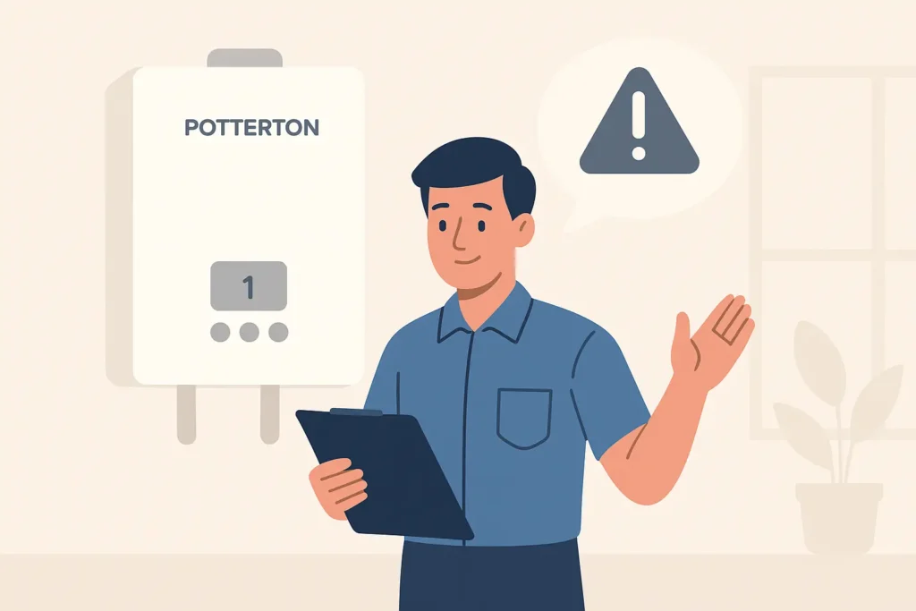 Potterton boiler, heating engineer and exclamation mark