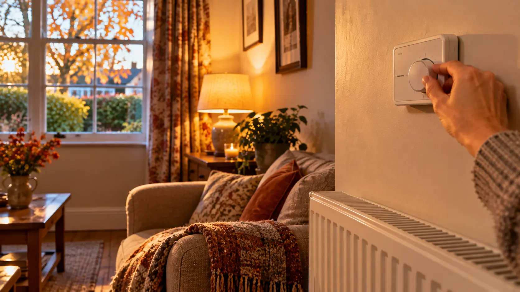 Hand turning up a wall-mounted room thermostat in a cosy cottage living room with autumn leaves outside the window
