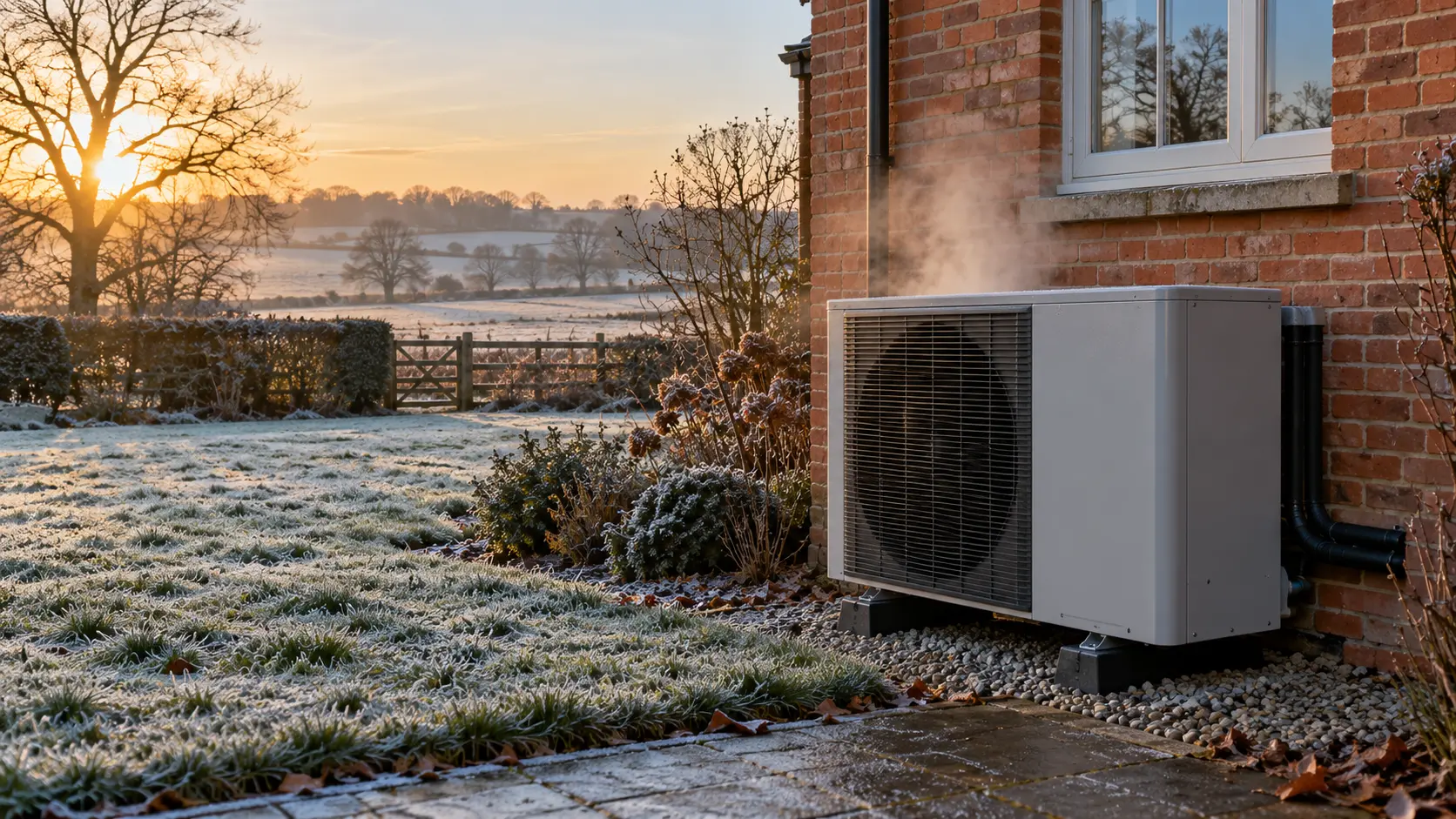 Air source heat pump outside a brick house in rural Essex on a frosty winter morning with vapour rising from the unit