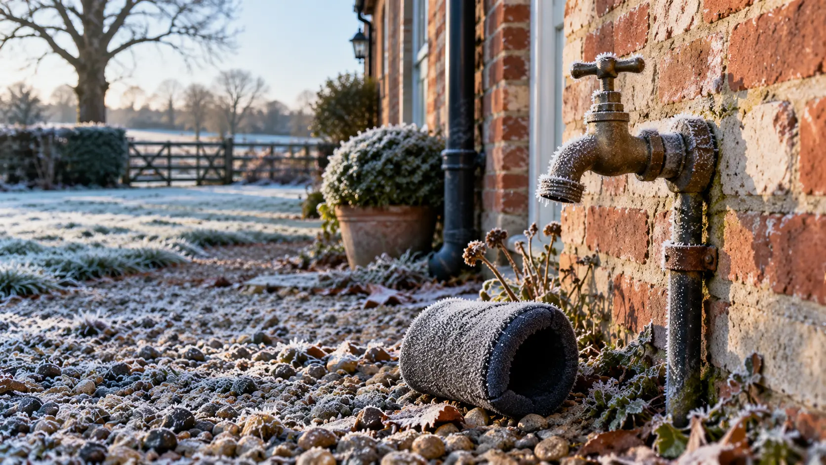 Frosty outside tap on an old brick farmhouse wall with a foam insulated tap cover lying on frosty gravel