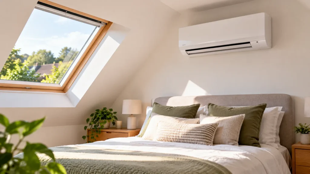 wall mounted air conditioning units above a bed in a loft room
