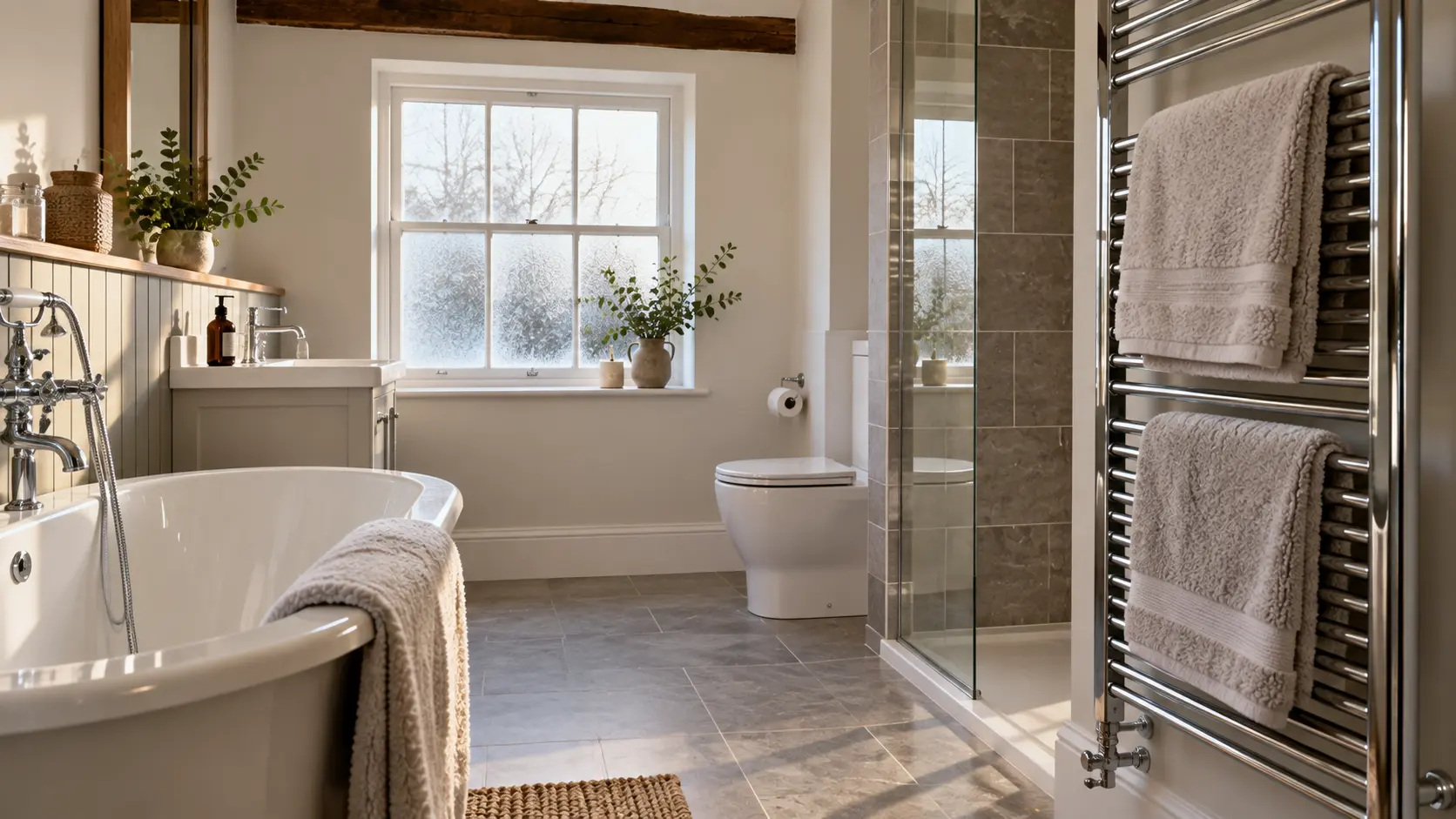 Modern cottage bathroom on a winter morning with a chrome heated towel rail, folded towels and grey floor tiles